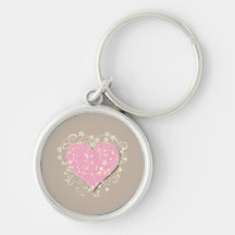 Pink heart and cream florals on beige wedding key chains