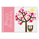 Pink Heart Cherry Blossom Owl Birthday Card
