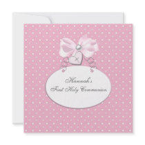 Pink Heart Cross Girls First Communion Custom Invites