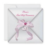 Pink Heart Cross Girls Pink First Communion Invitation