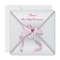 Pink Heart Cross Girls Pink First Communion Invitation