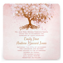 Pink Heart Leaf Tree Wedding Invitations