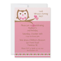 Pink Heart Owl Kids Birthday Invitation