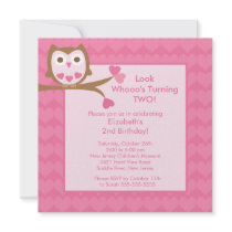 Pink Heart Owl Kids Birthday Invitation