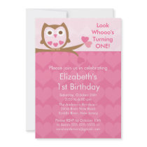 Pink Heart Owl Kids Birthday Invitation