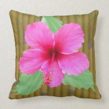 Pink Hibiscus on Bamboo Throw Pillow