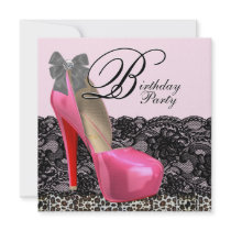 Pink High Heel Shoes Leopard Birthday Party Invita Personalised Invitations