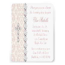 Pink Ivory Damask Cross Baby Girl Christening Custom Invites