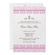 Pink lace girls first communion invitation