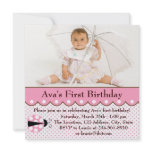 Pink Ladybug Girls Photo 1st Birthday Party invitations