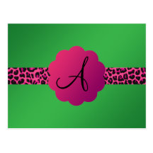 Pink leopard pattern stripe green monogram post card