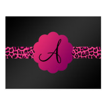 Pink leopard pattern stripe monogram postcard