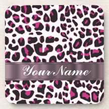 Pink leopard print beverage coasters