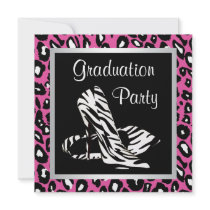 Pink Leopard Zebra Heels Girls Graduation Party Custom Announcements