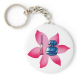 Pink lip gloss and a blue perfume keychains