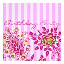 Pink Modern Flower & stripe Birthday Invitation
