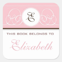 Pink monogram bookplate square sticker