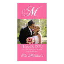 Pink Monogram M Wedding Thank You Photo Card