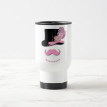 Pink moustache, top hat, feathers, and flower coffee mug