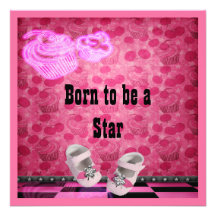 Pink Neon Cupcakes & Baby Shoes Baby Shower Personalised Invites