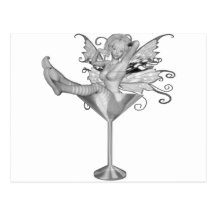 Pink Outfit Martini Glass 3D Fairy Girl B&W Post Card