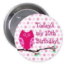 Pink Owl 10th Birthday Button