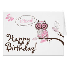 Pink Owl & Butterfly Floral Happy Birthday Card