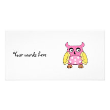 Pink owl with white polka dots personalized photo card