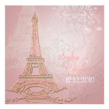 Pink Paris Eiffel + swirls  Wedding Invitations