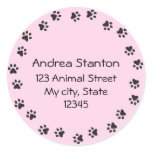 Pink pawprint circle address label stickers