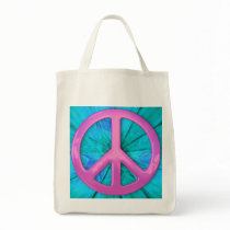Pink Peace Sign Over Blue Abstract Explosion Canvas Bags