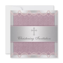 Pink Pearl Cross Baby Girl Baptism Christening Invites