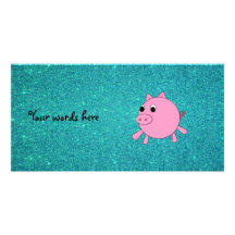 Pink pig faux turquoise glitter customised photo card
