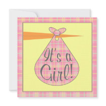 Pink Plaid Stork Baby Shower Invitation