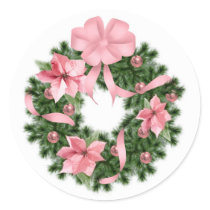Pink Poinsetta Wreath Round Sticker