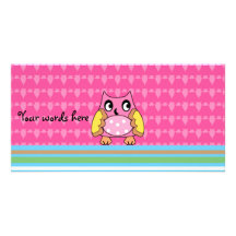 Pink polka dot owl on stripes picture card