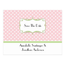 Pink Polka Dots with Pale Green Save The Date Post Card