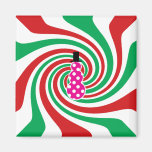 Pink polkadot snowman on red green swirl refrigerator magnets