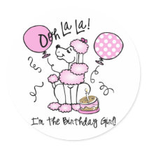 Pink Poodle Birthday Round Sticker