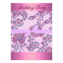 Pink & Purple Bow & Floral Birthday Invitation