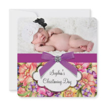 Pink Purple Flower Baby Girl Photo Christening Announcements