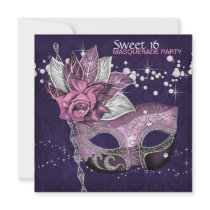 Pink Purple Sweet 16 Masquerade Party Personalized Announcements