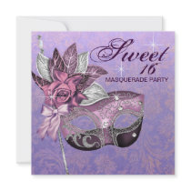 Pink Purple Sweet 16 Masquerade Party Personalized Invites
