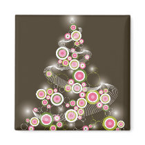 Pink Retro Circles Christmas Tree Gift Magnet