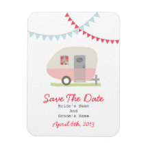 Pink Retro Trailer Save The Date Rectangle Magnet