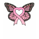 Pink Ribbon Heart Butterfly Ladies Black T-Shirt