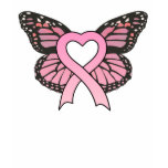 Pink Ribbon Heart Butterfly Ladies Black T-Shirt