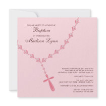 Pink Rosary Bead Baby Girl Baptism Inviation Invite