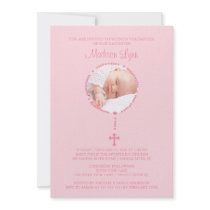 Pink Rosary Cross Photo Baptism Inviation Girl Invites
