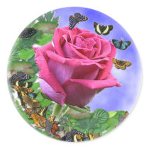 Pink Rose and Butterflies Round Stickers